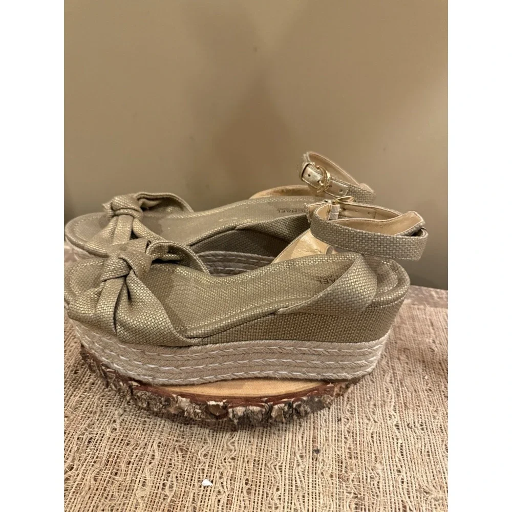 Michael Michael Kors Maxwell Mid Wedge Sandals Gold Ankle Strap Knotted